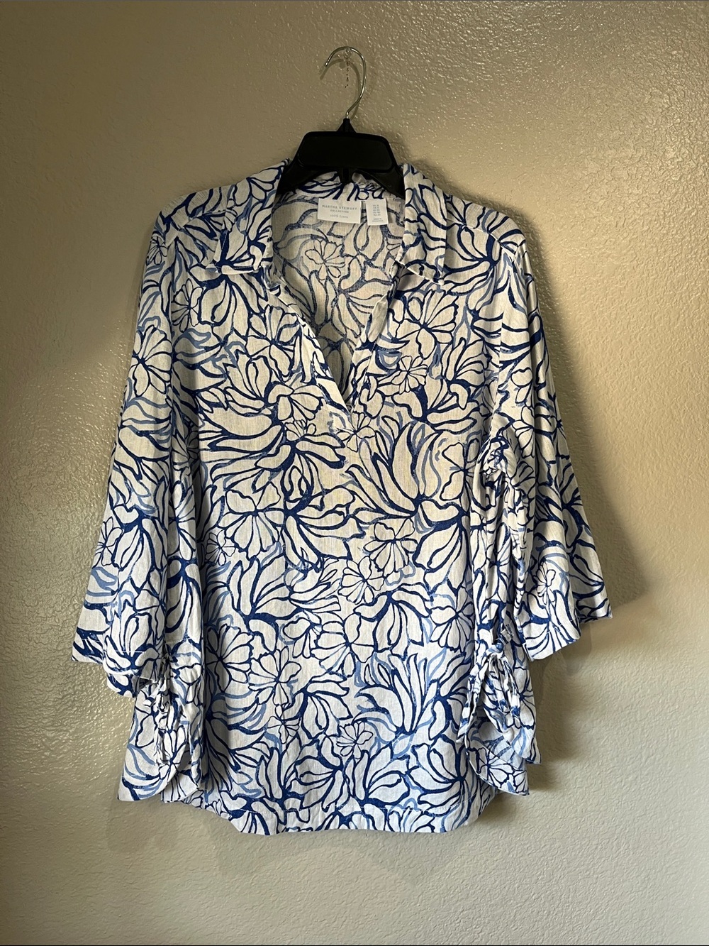 Martha Stewart White Tunic with Blue Floral Outline Linen Sz 1X Boho Chic TC0376